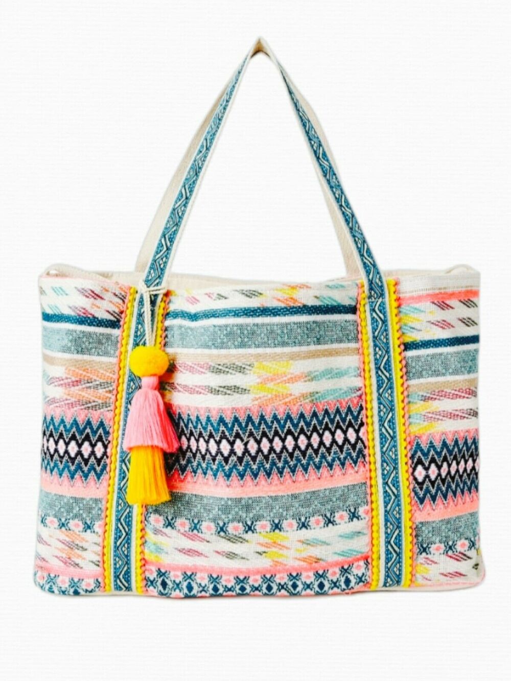 Women's Woven Beach Tote Bag bright multi with Tassels